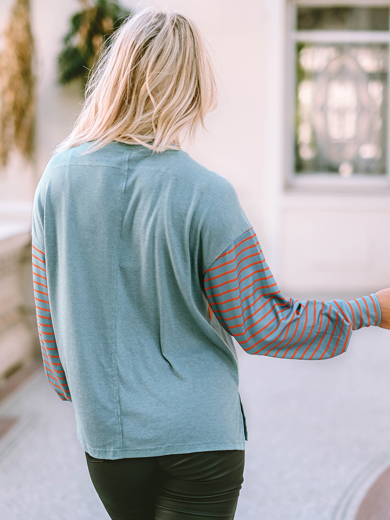 Green Colorblock Striped Bishop Sleeve Top