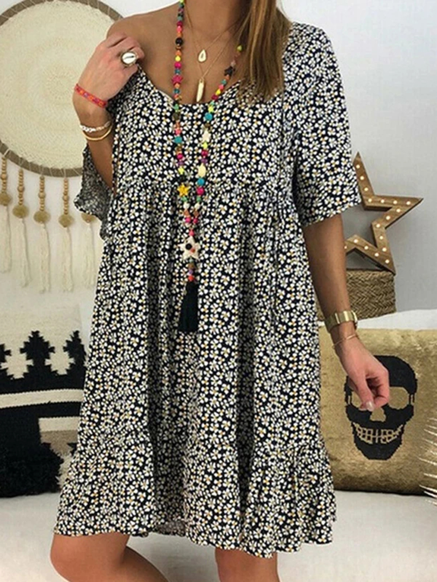 Summer Floral Print V-neck Flare Sleeve Dress