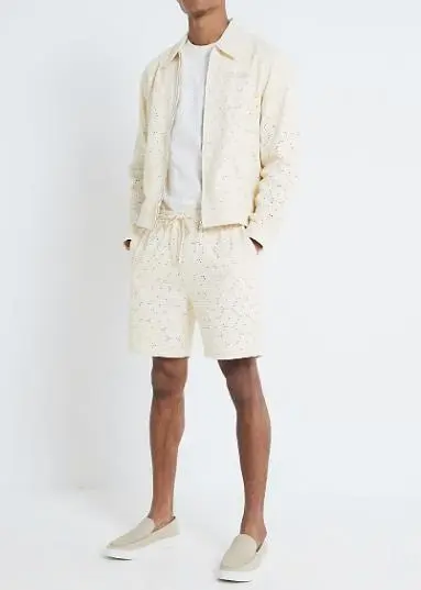 Fashionable White Hollow Embroidery Floral Men's Jacket