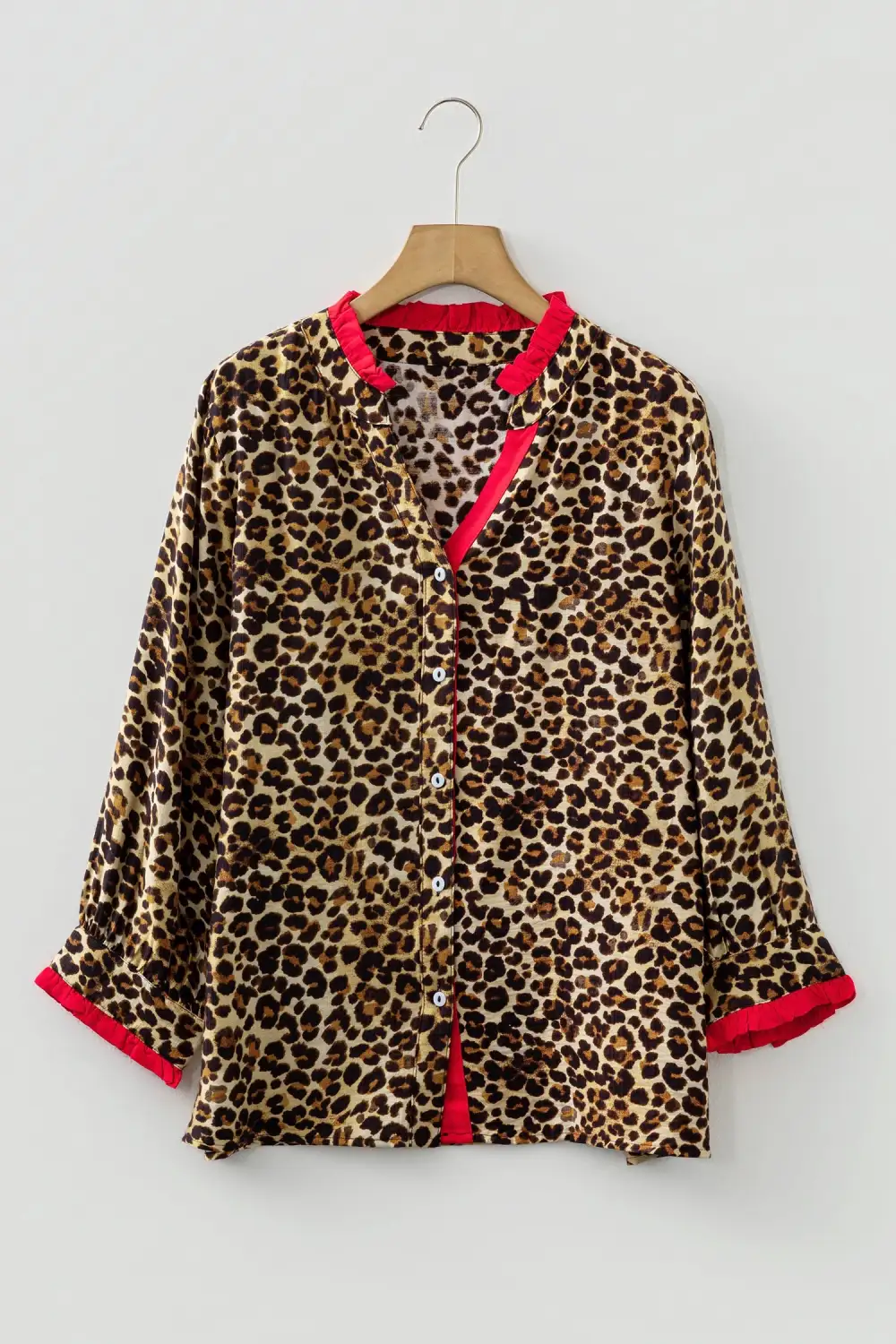 Leopard Print Ruffled V-Neck Shirt Blouse