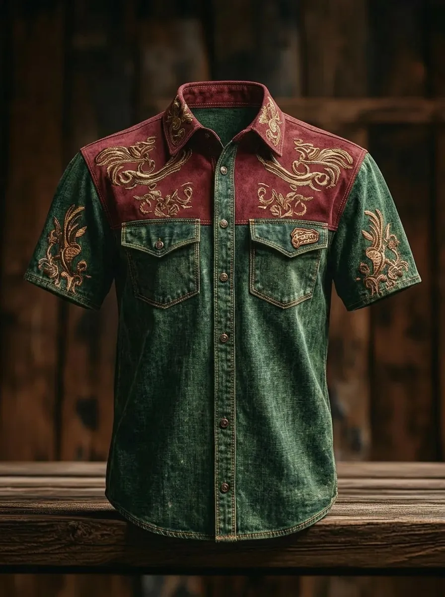 Men's Western Style Floral Embroidery Printed Denim Shirt