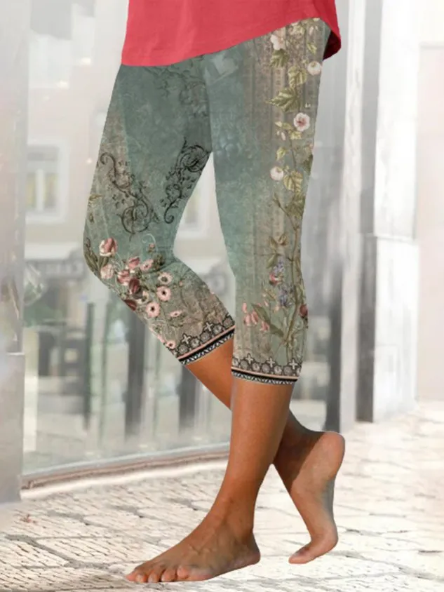 Casual Flower Print Capri Legging