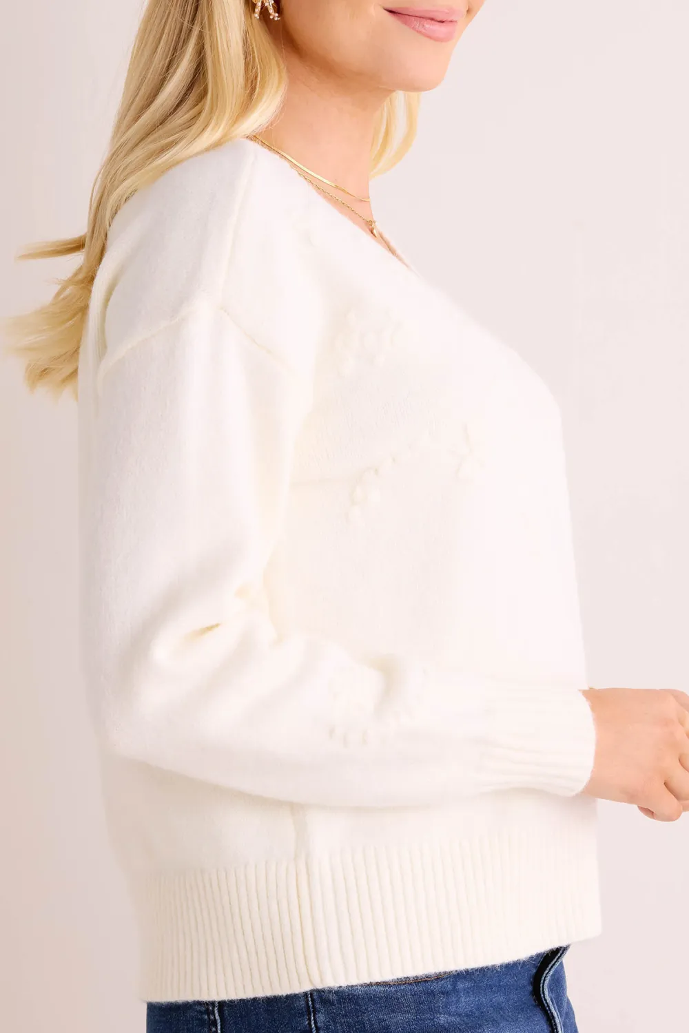 White Cable Knit V-Neck Sweater