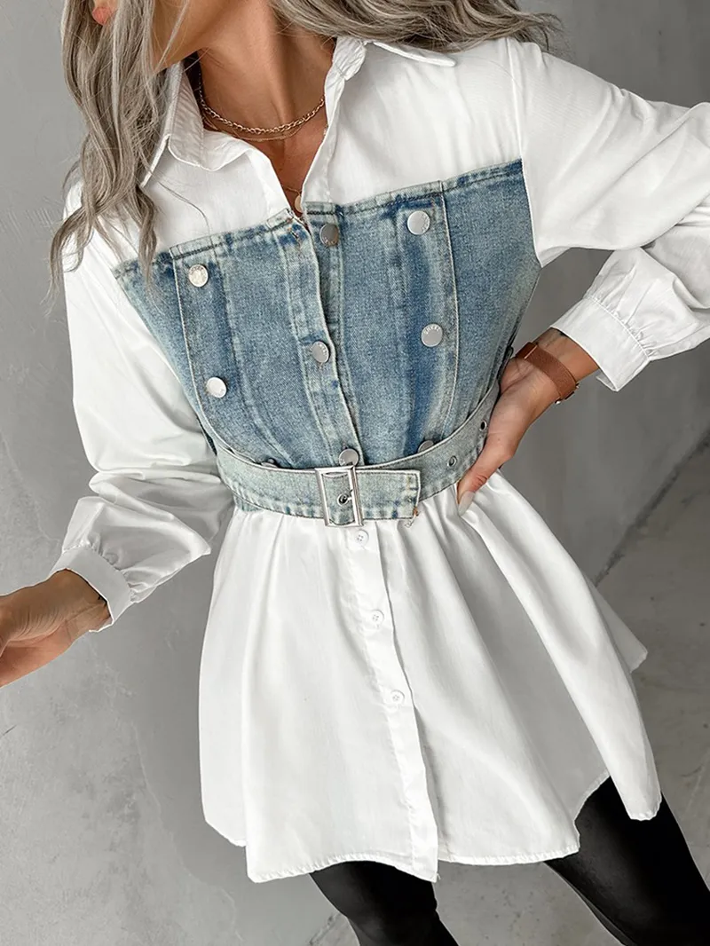 Casual Denim Patchwork Shirt Dress