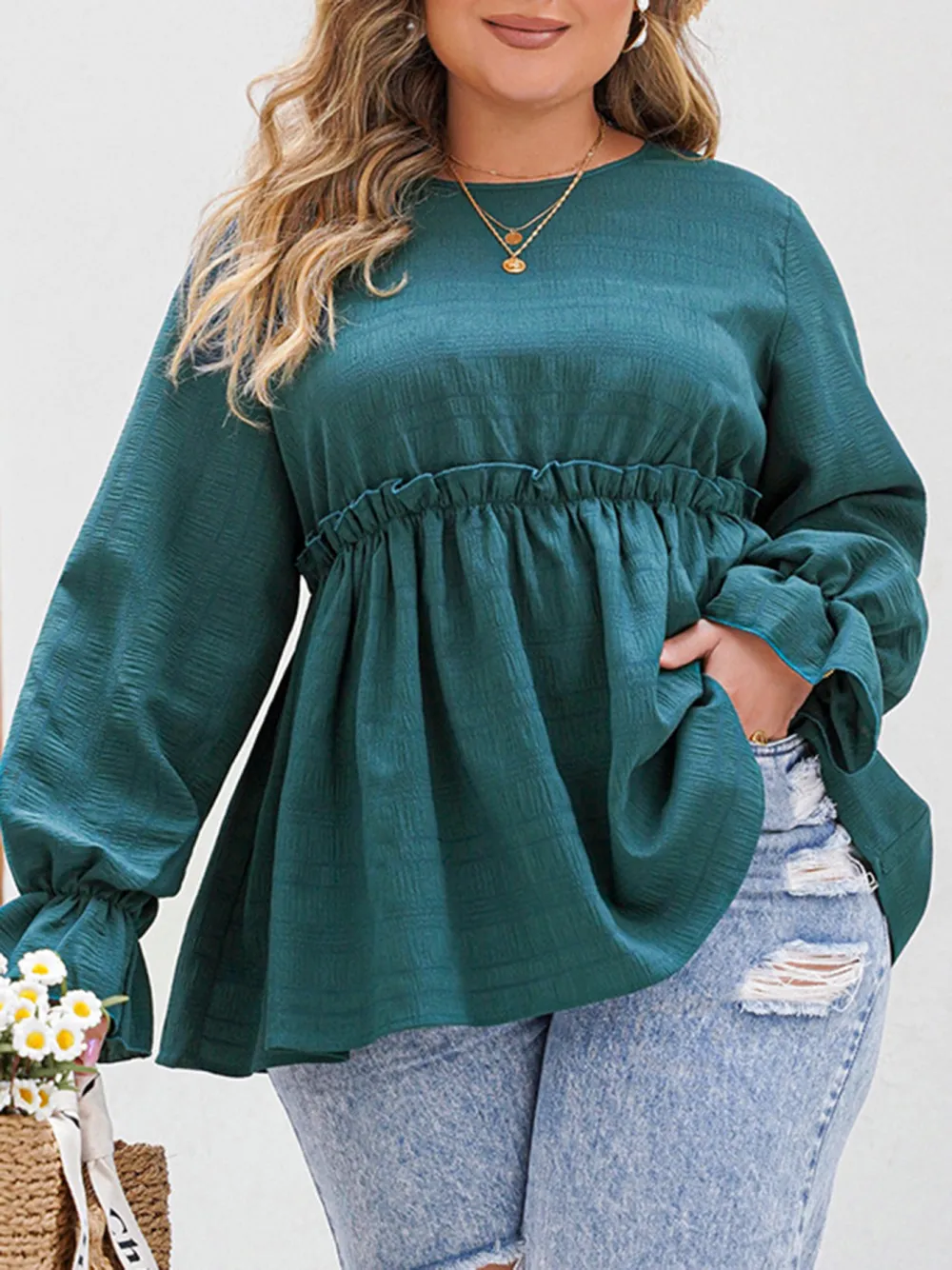 Women Waist Hugging Puff Sleeves V Neck Long Sleeved Shirt Top