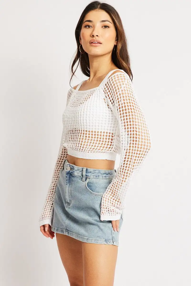 White Crochet Knit Top Long Sleeve Square Neck