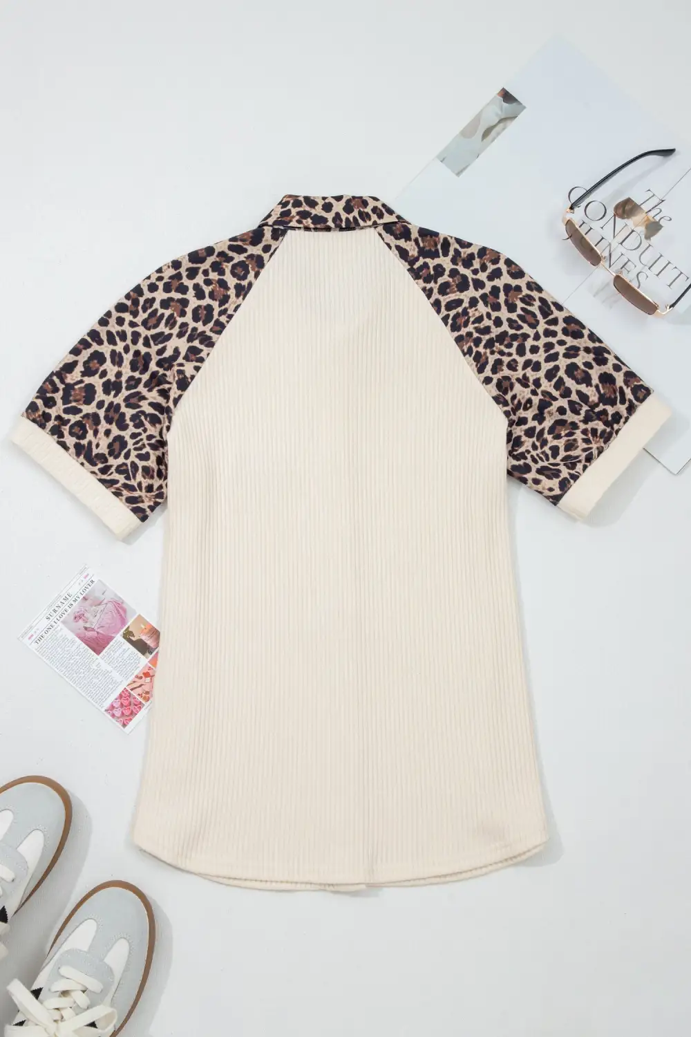 White Ribbed Texture Button Down Leopard Patchwork Short Sleeve Shirt