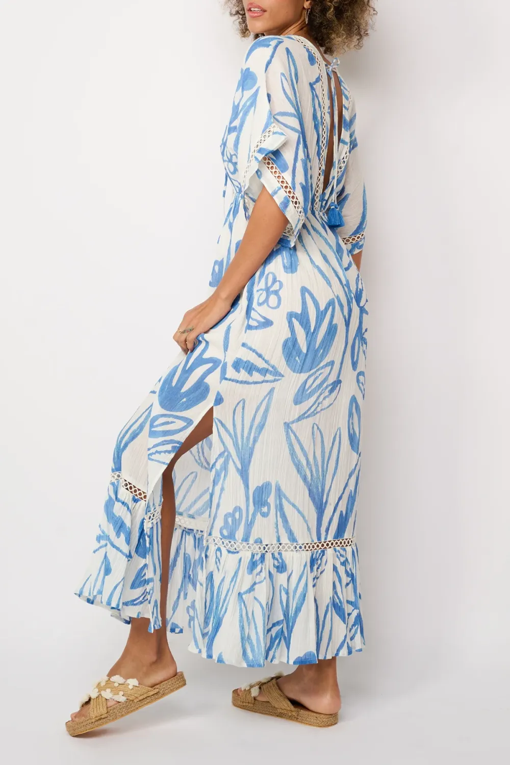Blue And White Botanical Print V Neck Maxi Dress