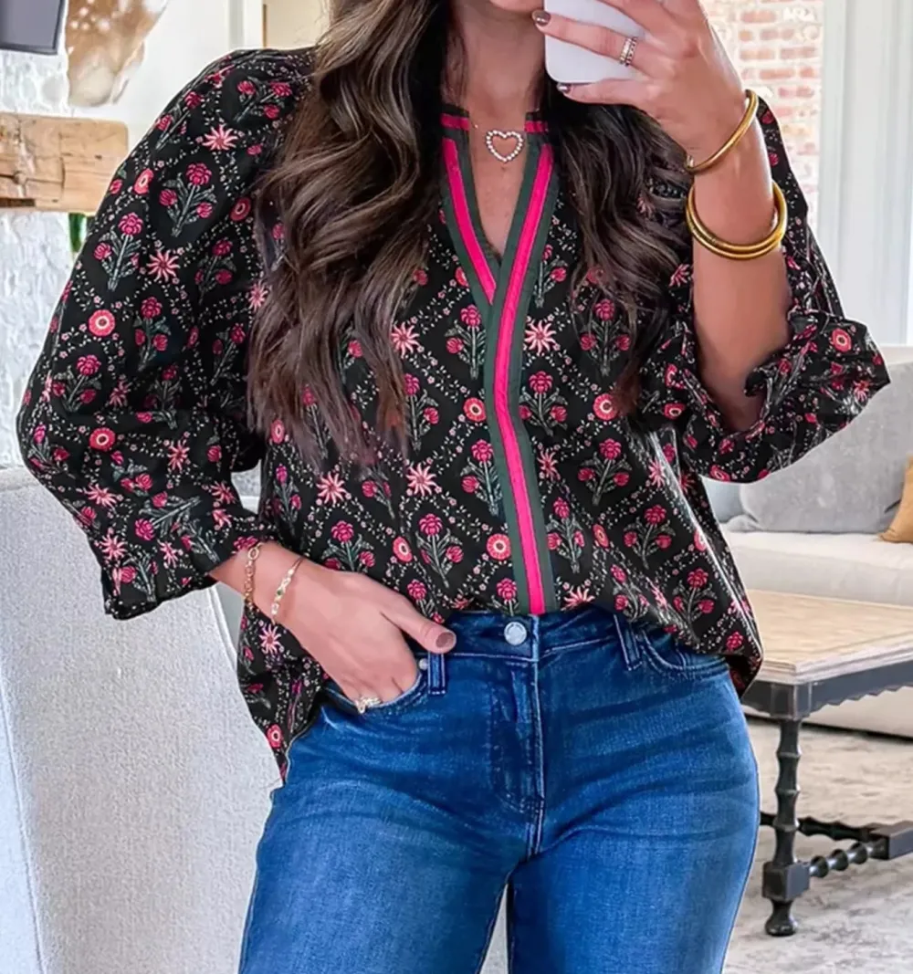 Contrast V Neckline Bracelet Sleeve Vintage Floral