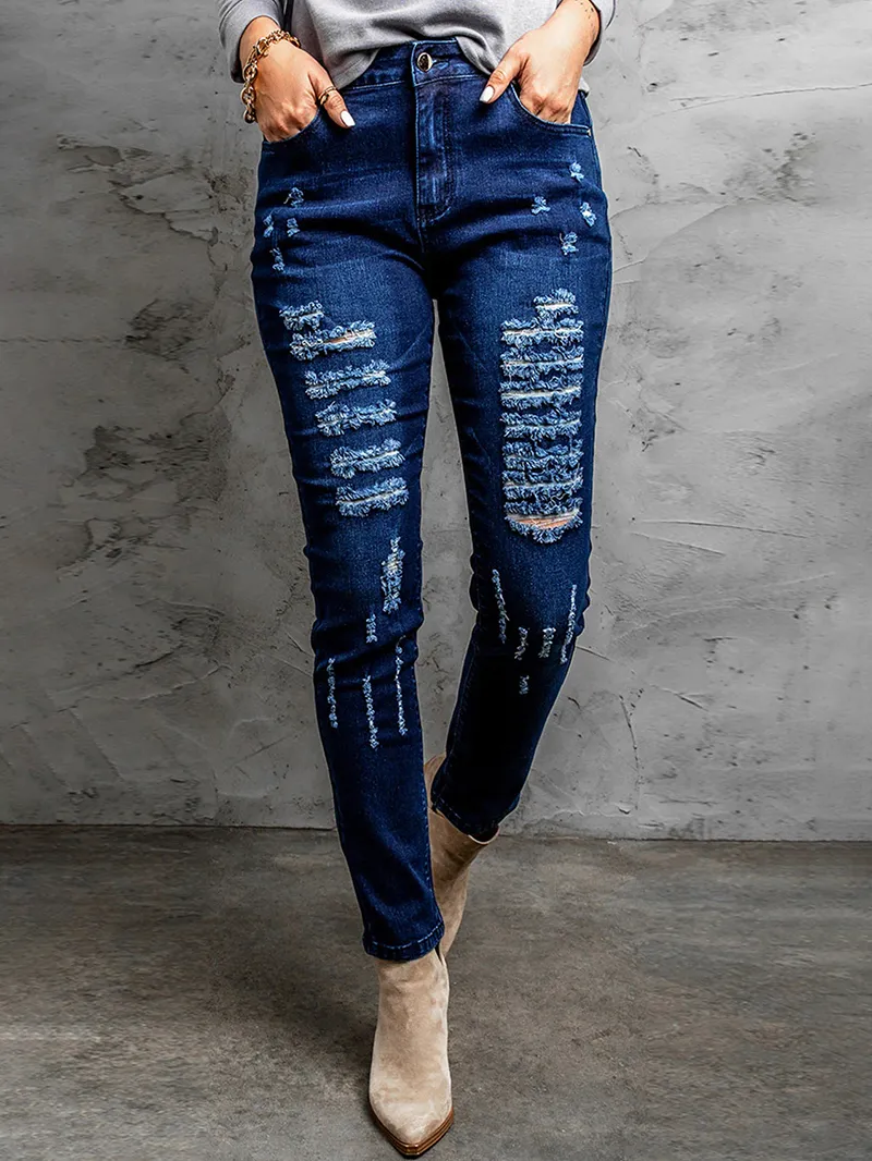 Women's ripped solid color pencil jeans