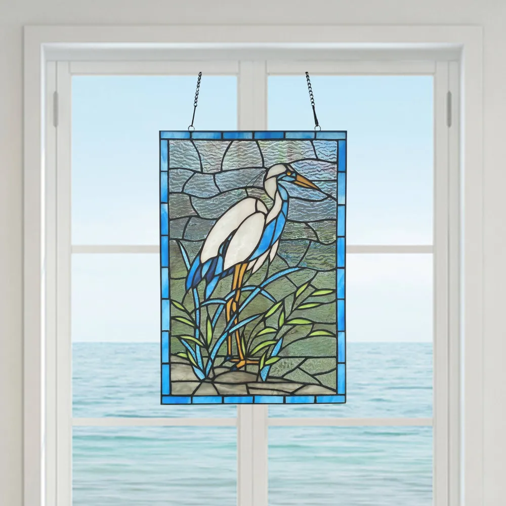 Majestic Crane Stained Glass Window Panel