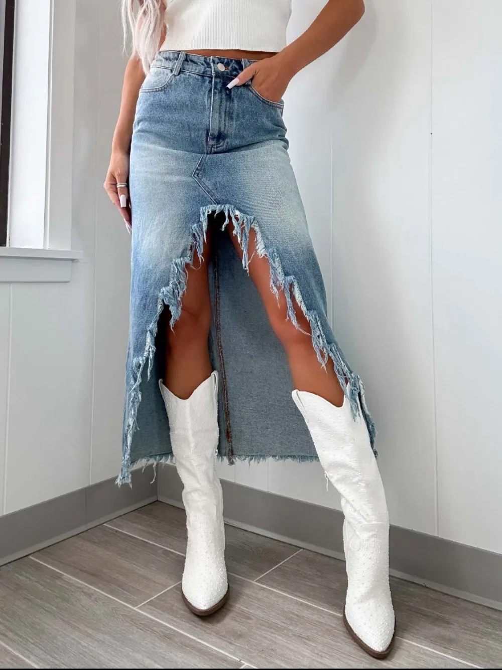 High Waist Raw Hem Skirt