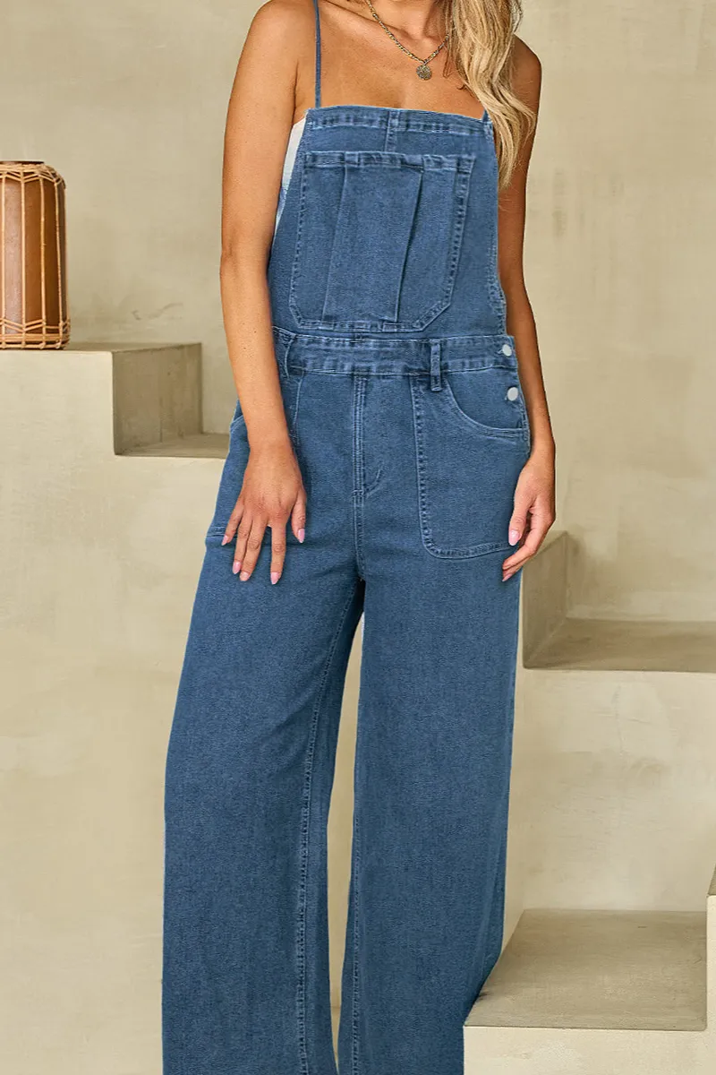 Adjustable Tie Straps Cropped Wide Leg Denim Overalls