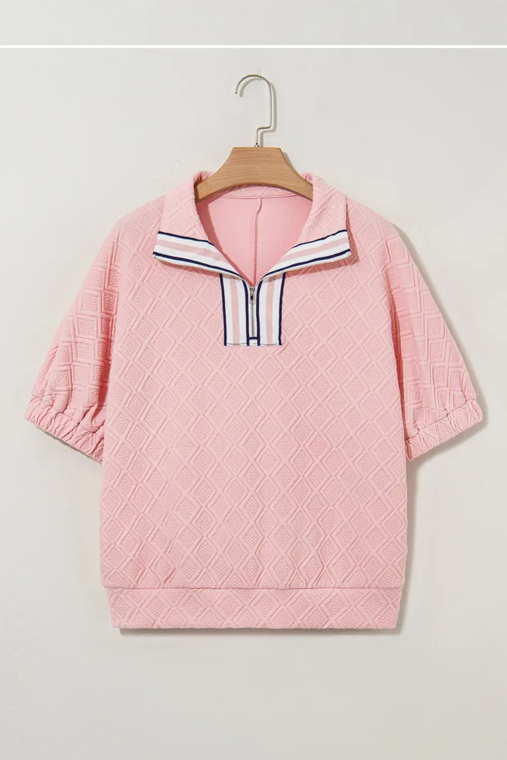 Light Pink Contrast Striped Collar Patchwork Textured Half Sleeve Blouse