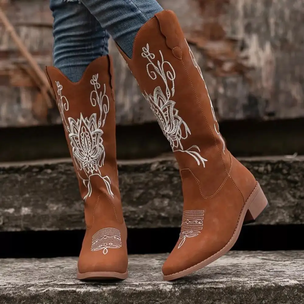 Embroidered Block Heels Boots