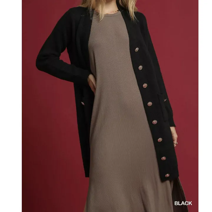 Button Down Longline Sweater Cardigan with Front Pockets