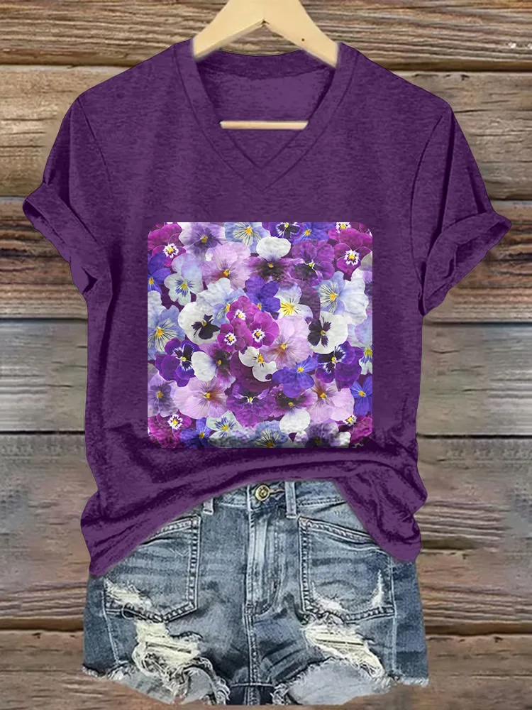 Women's Printed Alzheimer's Awareness V-Neck Short-Sleeved T-Shirt