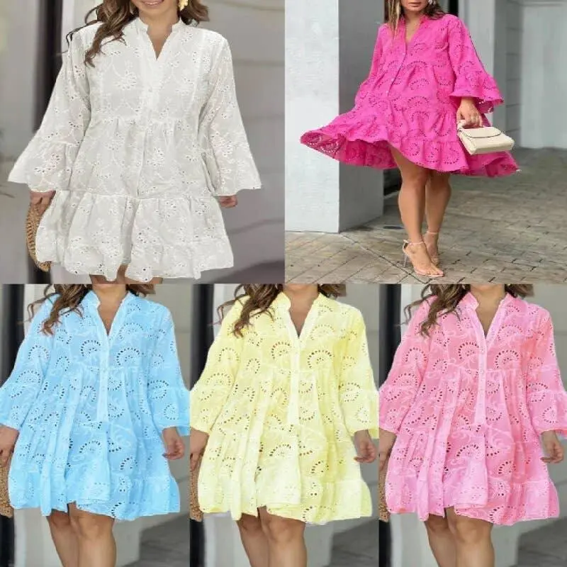 Eyelet Long Sleeve Short Daily Dress