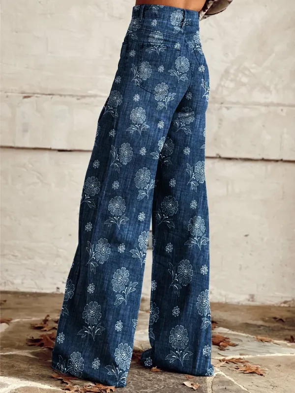 Women's Vintage Flower Print Casual Wide Leg Pants