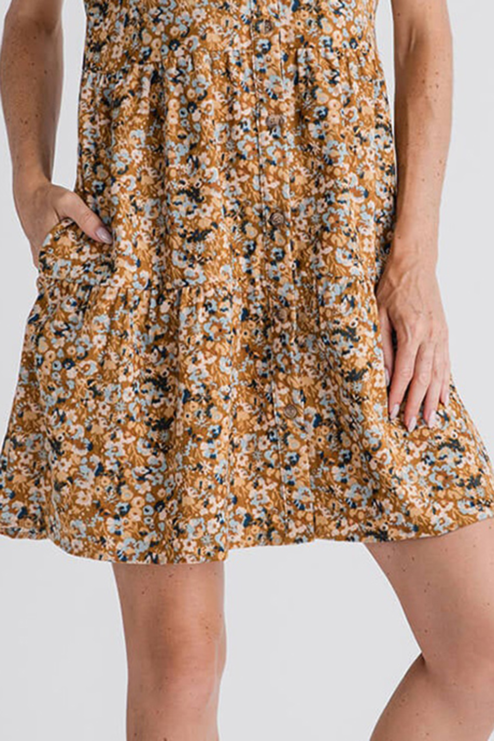 Wishlist Floral Corduroy Tiered Mini Dress - mustard combo