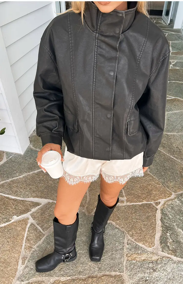 Funnel Neck PU Leather Jacket