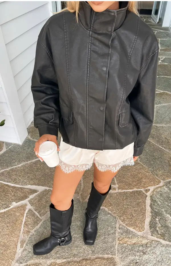 Funnel Neck PU Leather Jacket