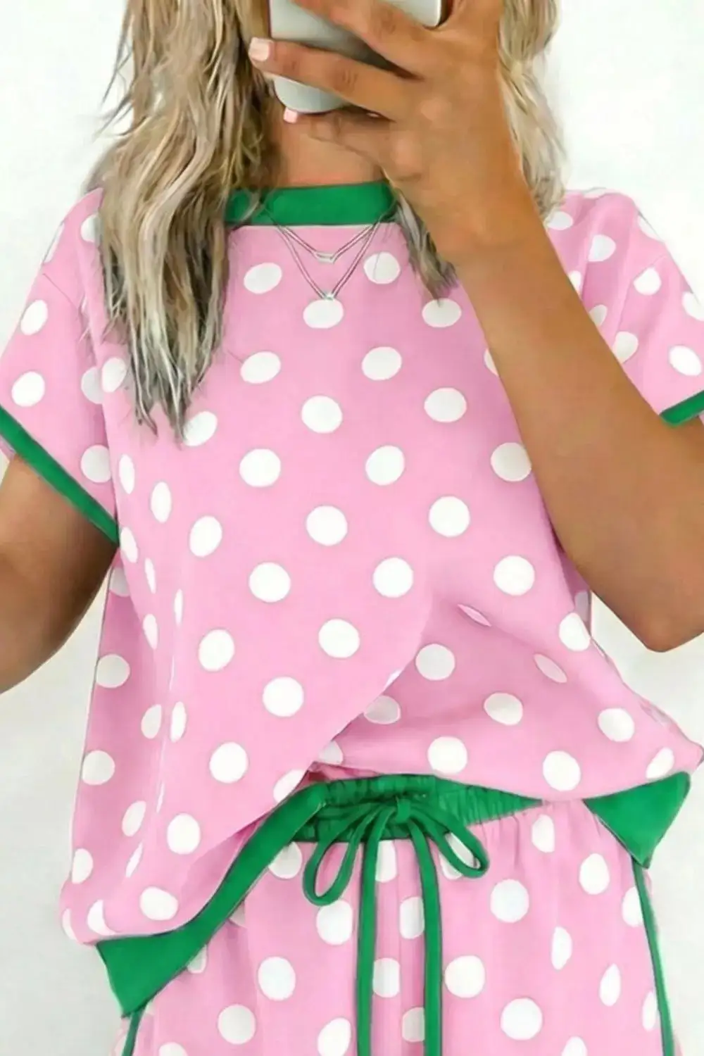 Polka Dot Contrast Trim Top Drawstring Shorts Set