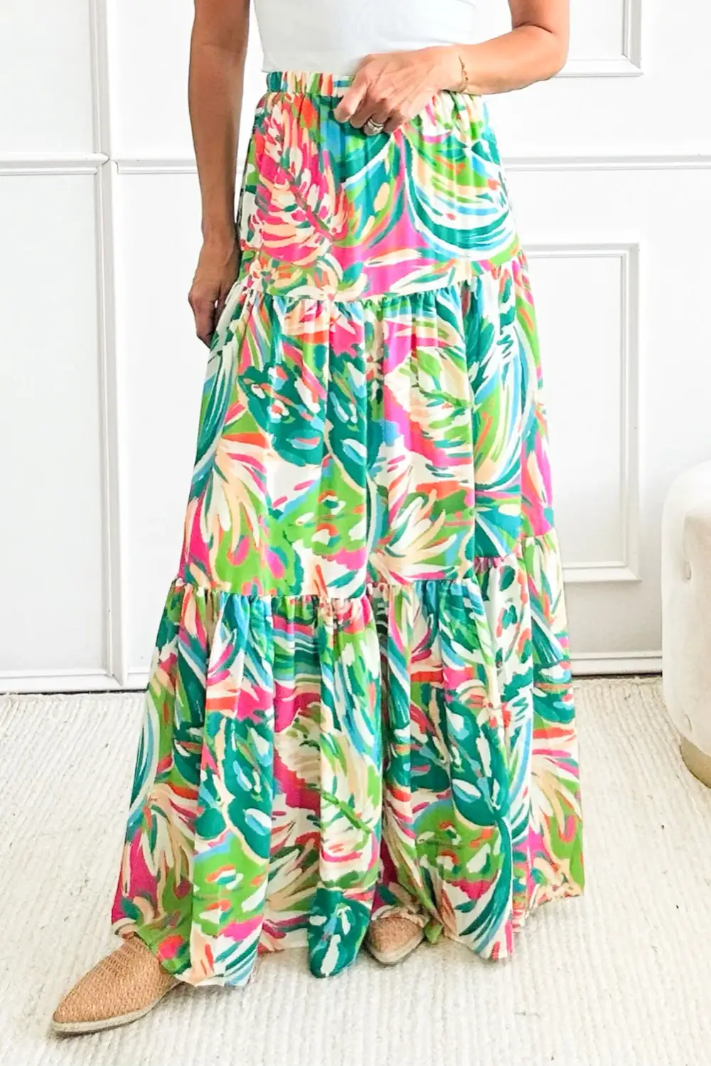 High Waist Elastic Waist Tiered Maxi Skirt