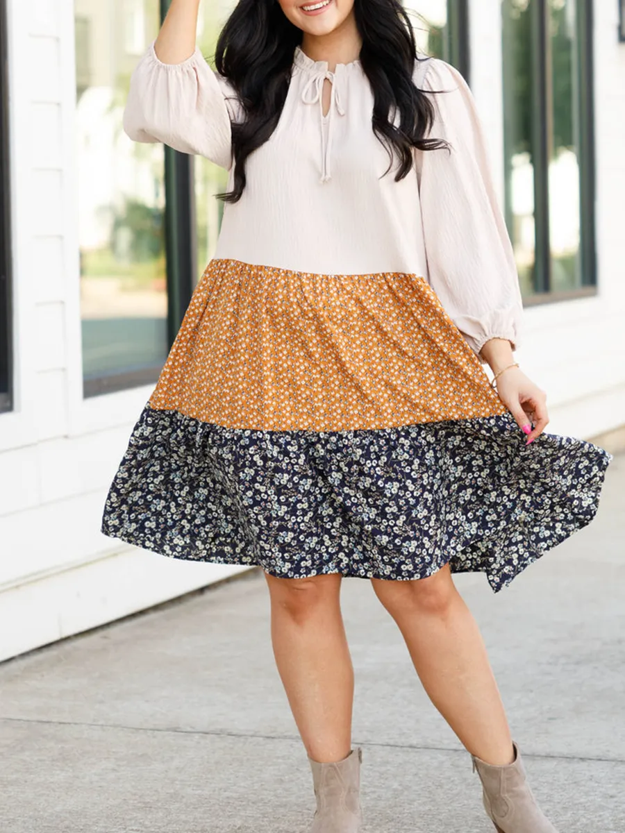 Patchwork Contrasting Floral Pattern Printed Loose Fitting Dress