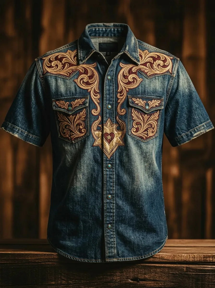 Men's Western Style Floral Heart Embroidered Printed Shirt