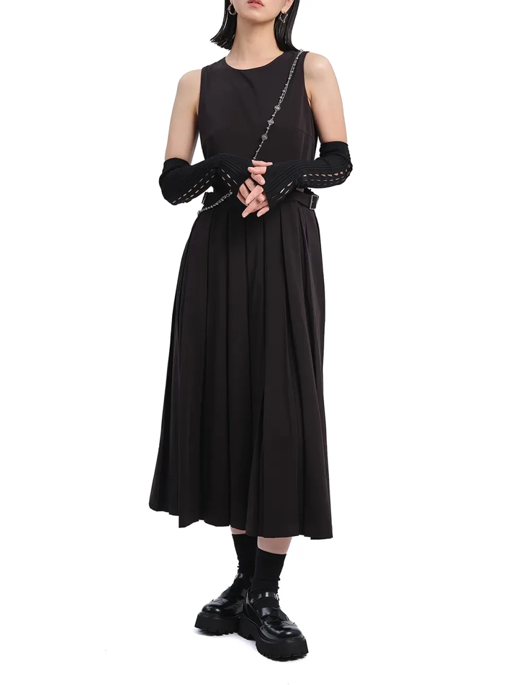 Black Pleated Cut - out Midi Dress