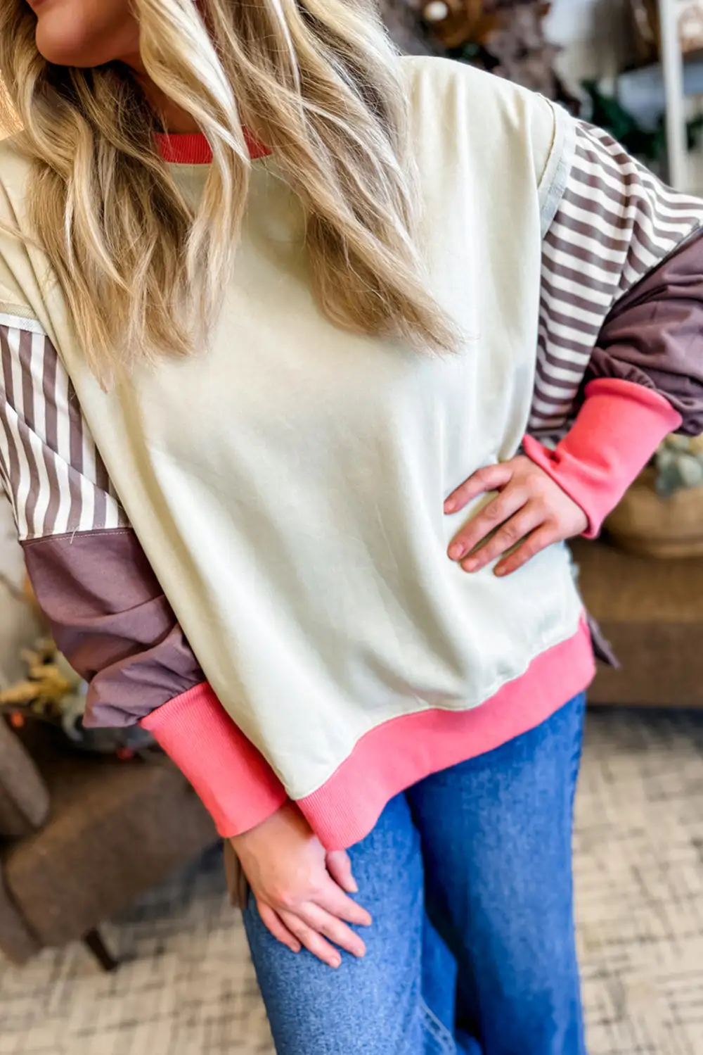 Striped Patchwork Dolman Sleeve Sweatshirt