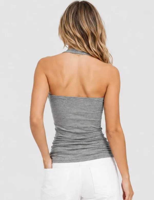 Chic Halter U Neck Sleeveless Button Front Tank Top