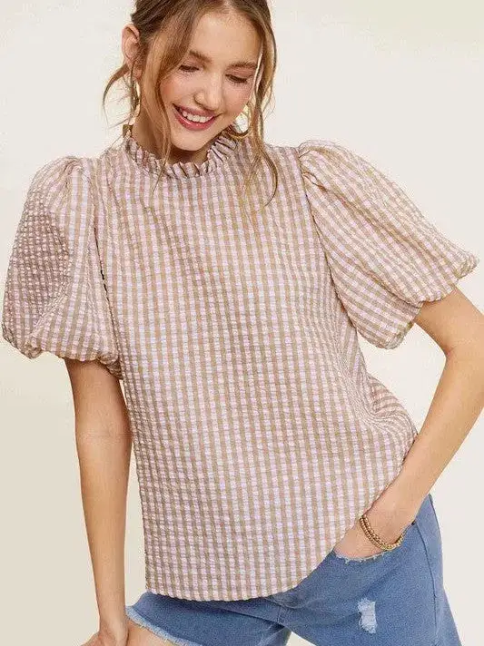 Naturally Flawless Gingham Check Print Puff Sleeve Top