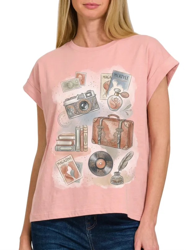Women's Vintage Travel Aesthetic Camera Suitcase Printed T-shirt