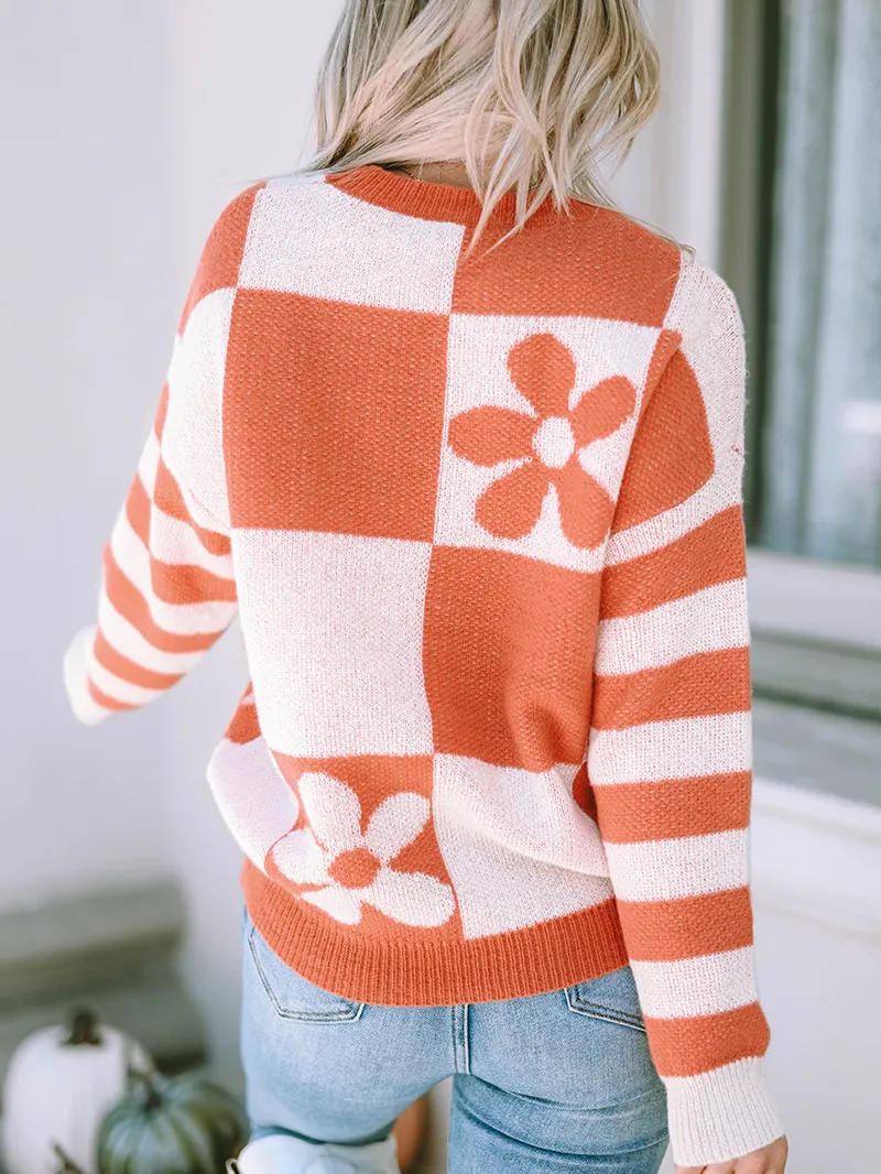 Brown Checkered Floral Print Striped Sleeve Sweater