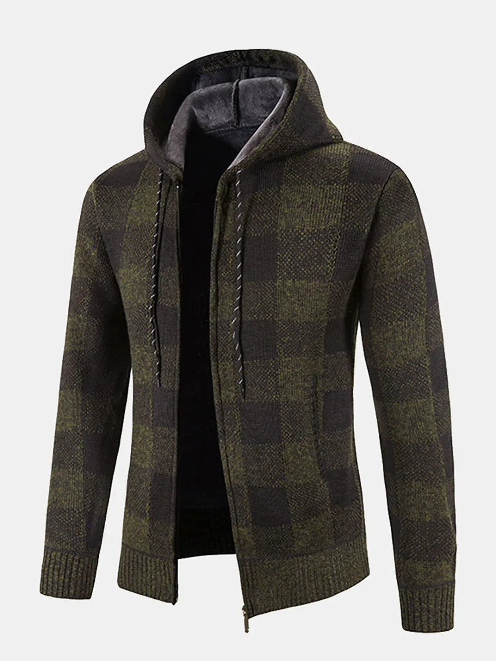 Plaid Zip Up Hooded Cardigan