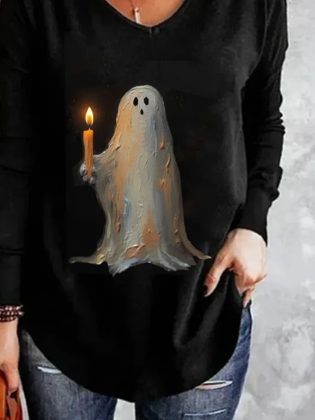 Casual Halloween V Neck Long Sleeve T-shirt