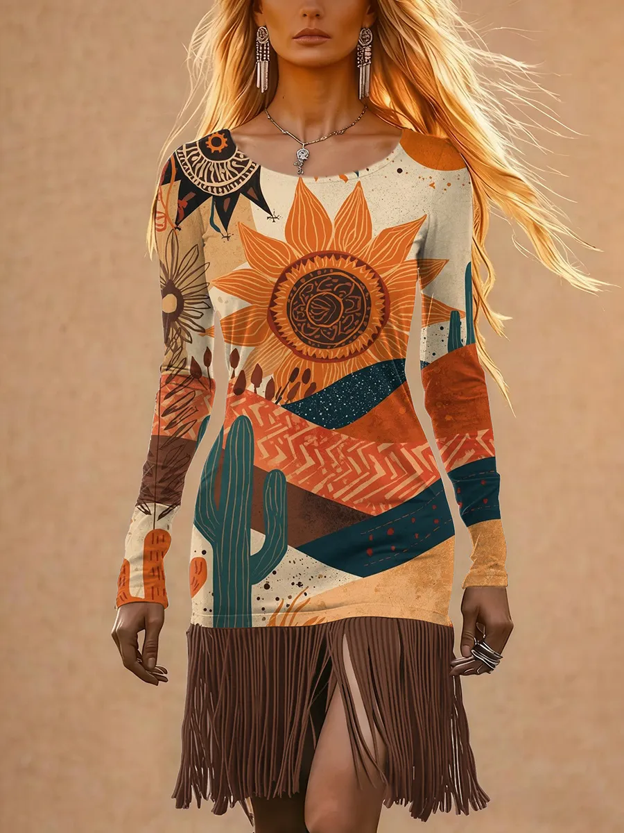 Women's Western Desert Sun Printed Tassel Dress