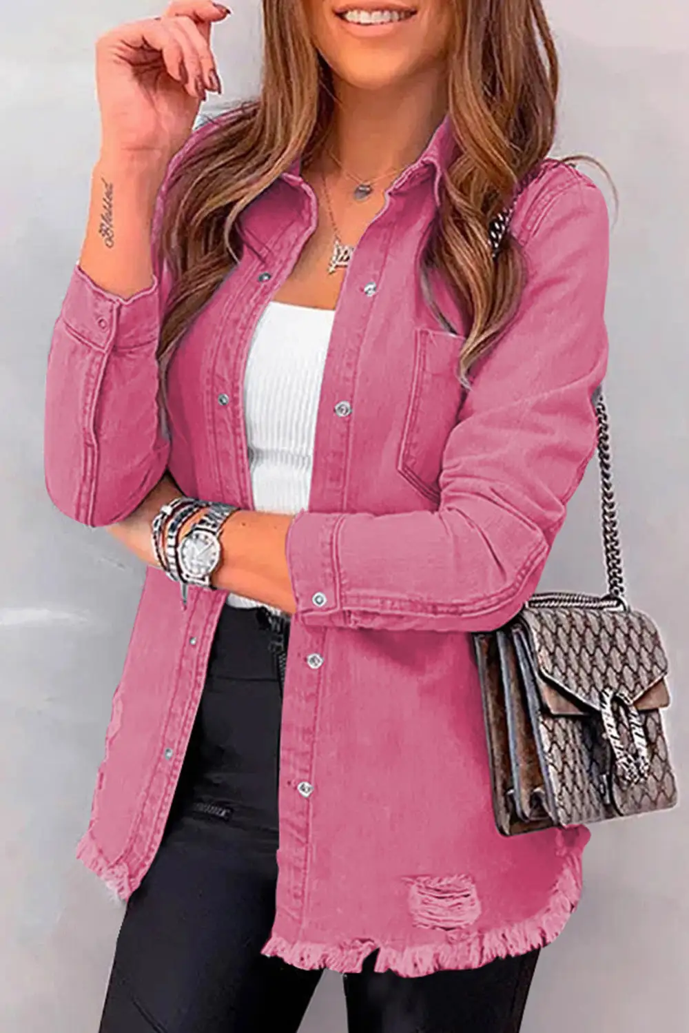 Distressed Raw-hem Snap-front Denim Jacket