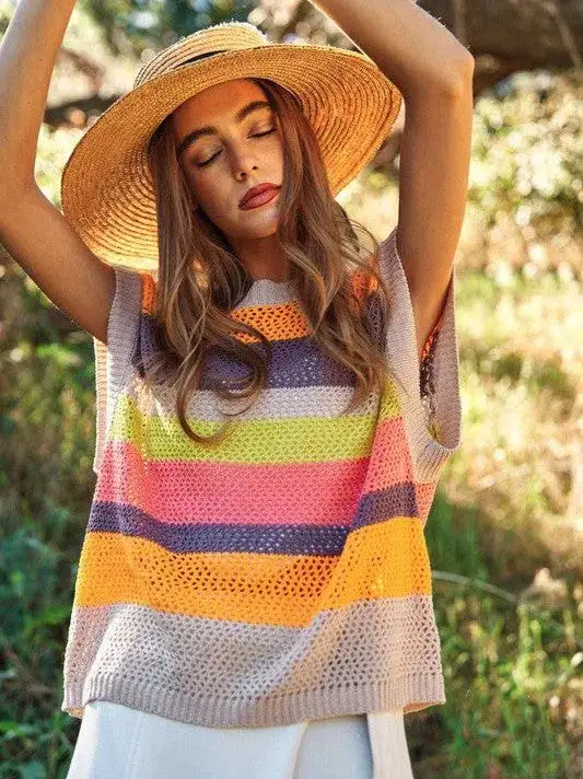 In a World Full of Color Crochet Multi Striped Sleeveless Knit Sweater