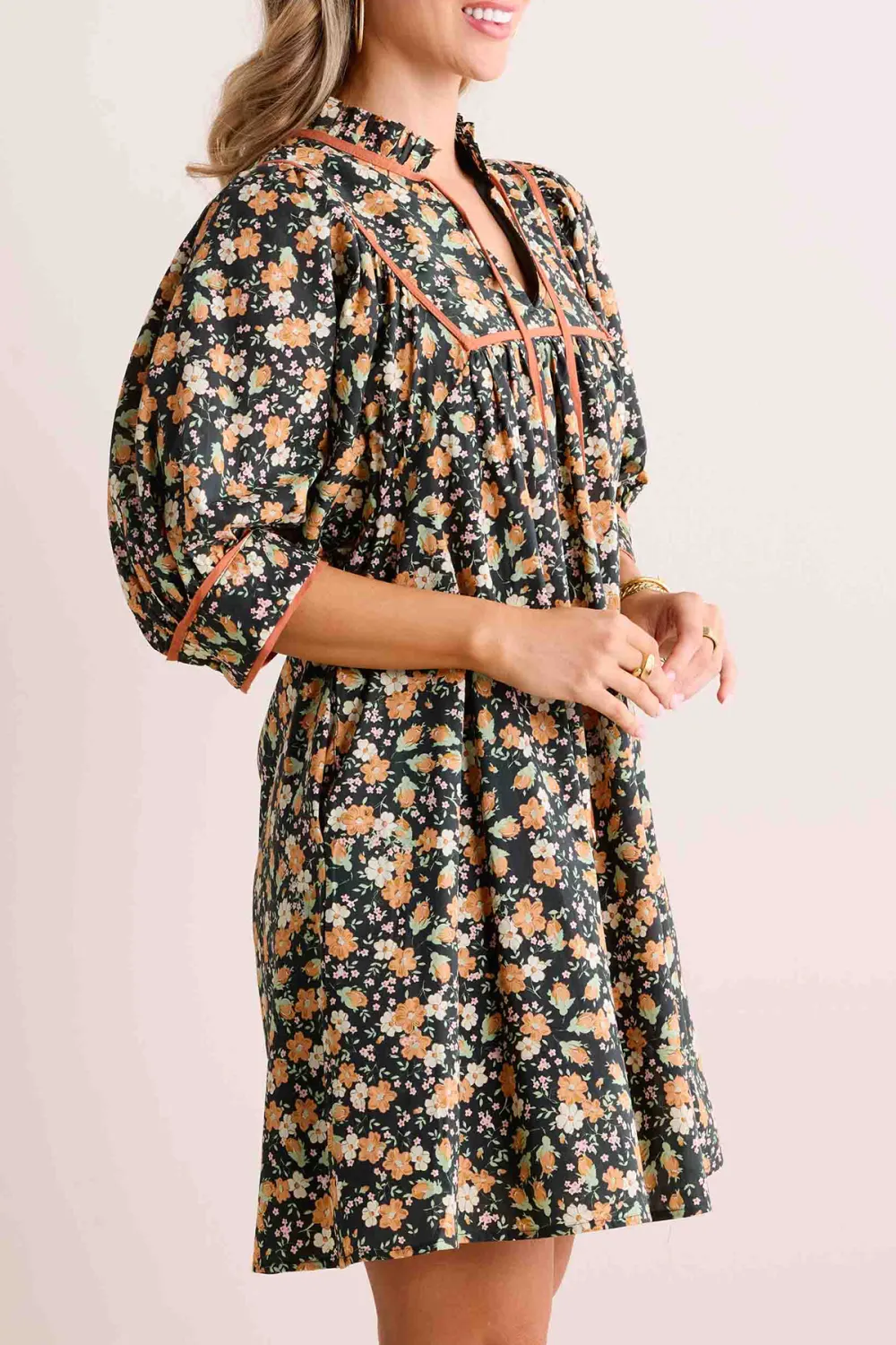 Floral Print Stand Collar Dress