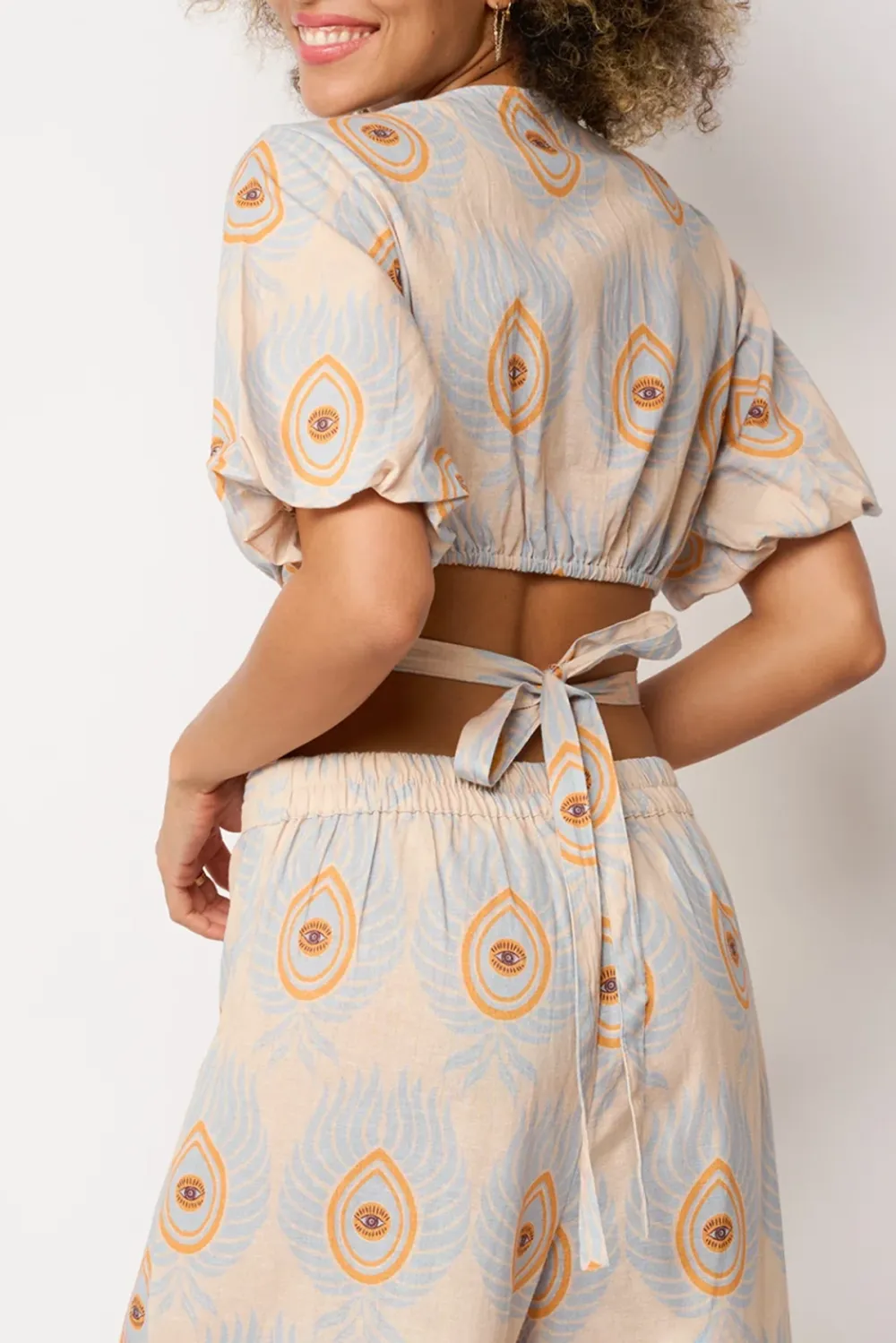 Light Blue And Orange Abstract Print Wrap Crop Top