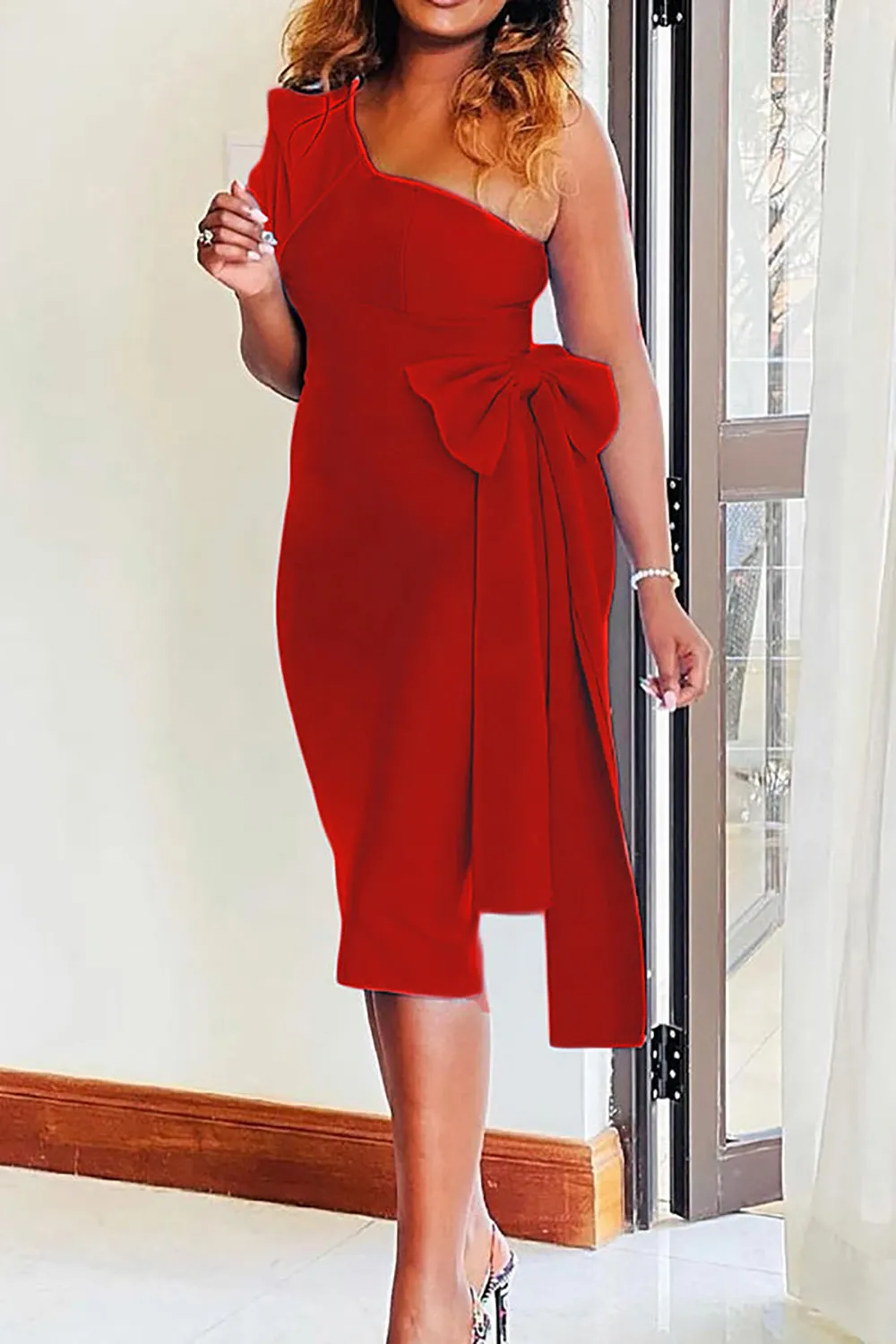 Plus Size White Semi Formal One Shoulder Bodycon Bow Midi Dresses