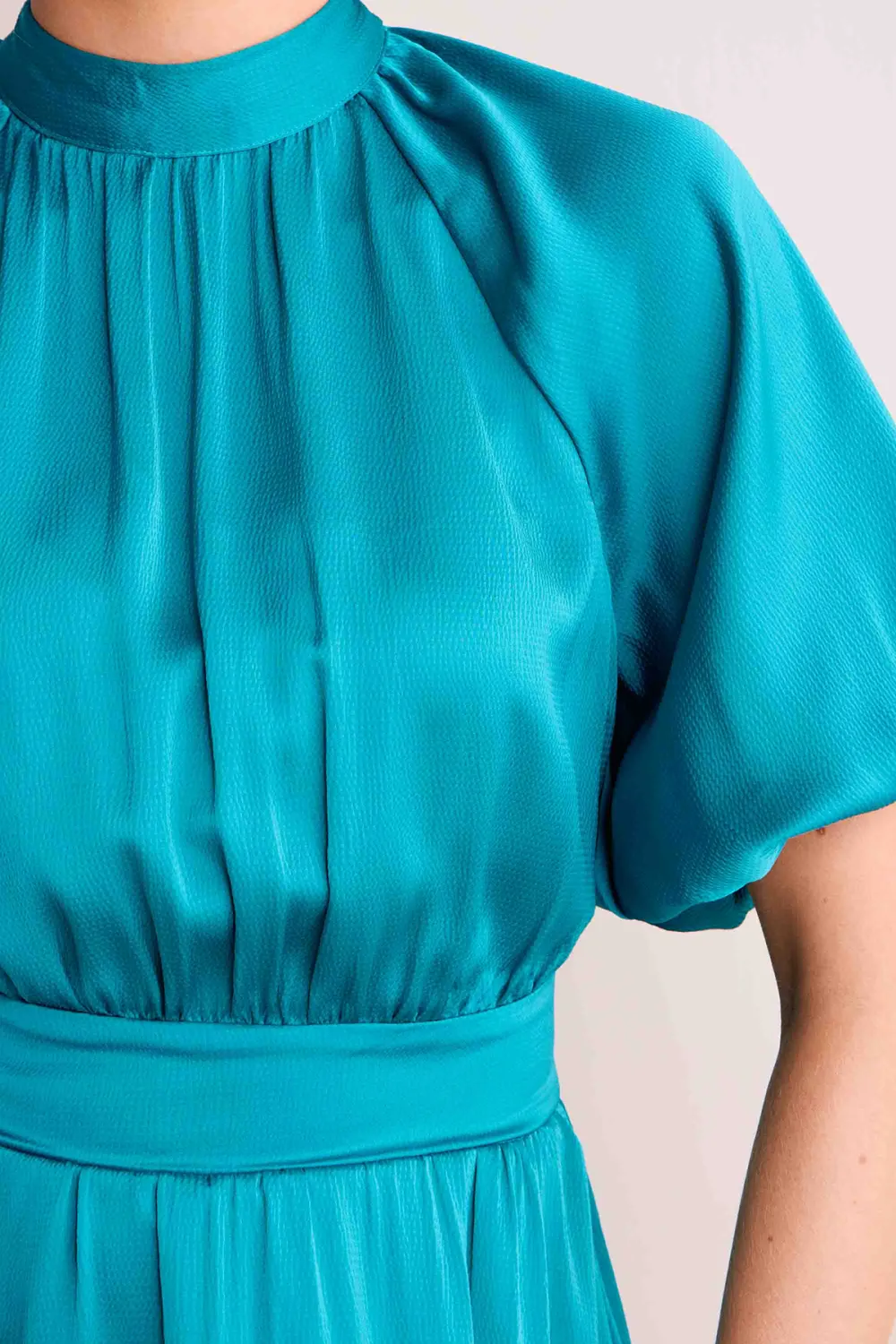 Turquoise Short Sleeve Tie-Waist Midi Dress