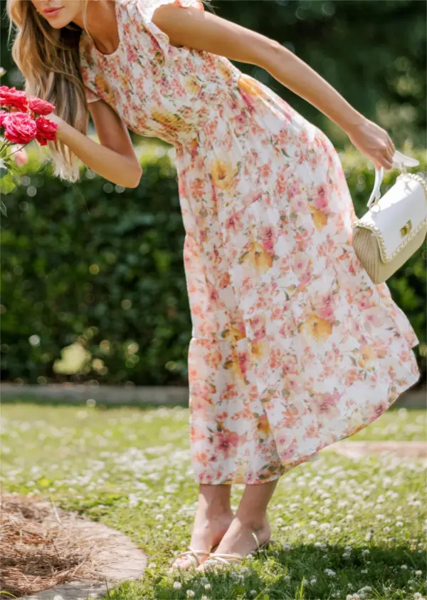 PETAL POWER PINK FLORAL SMOCKED MIDI DRESS