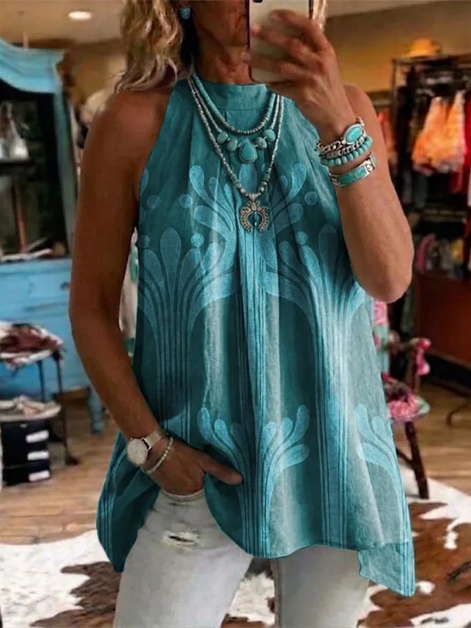 Women's Vintage Art Print Halter-neck Sleeveless Shirt