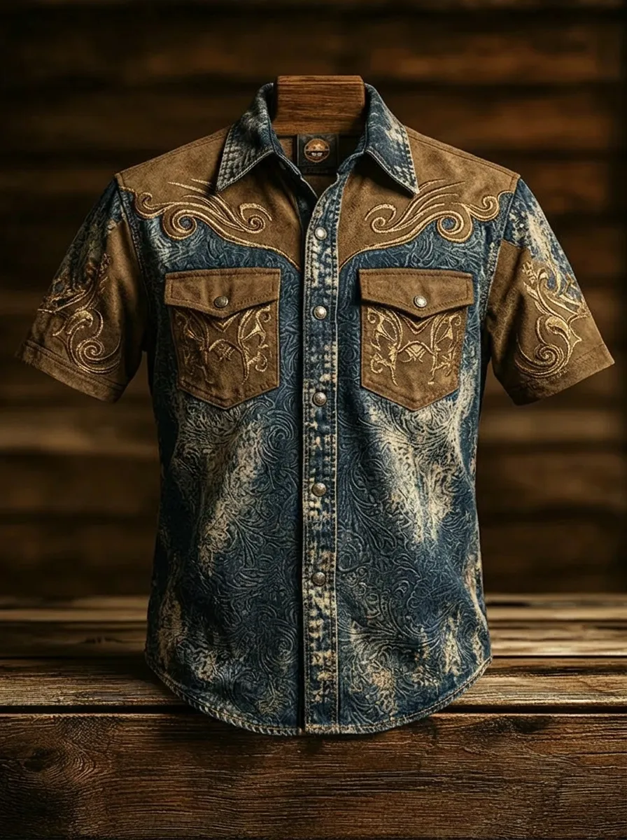 Men's Western Cowboy Embroidered Floral Printed Shirt