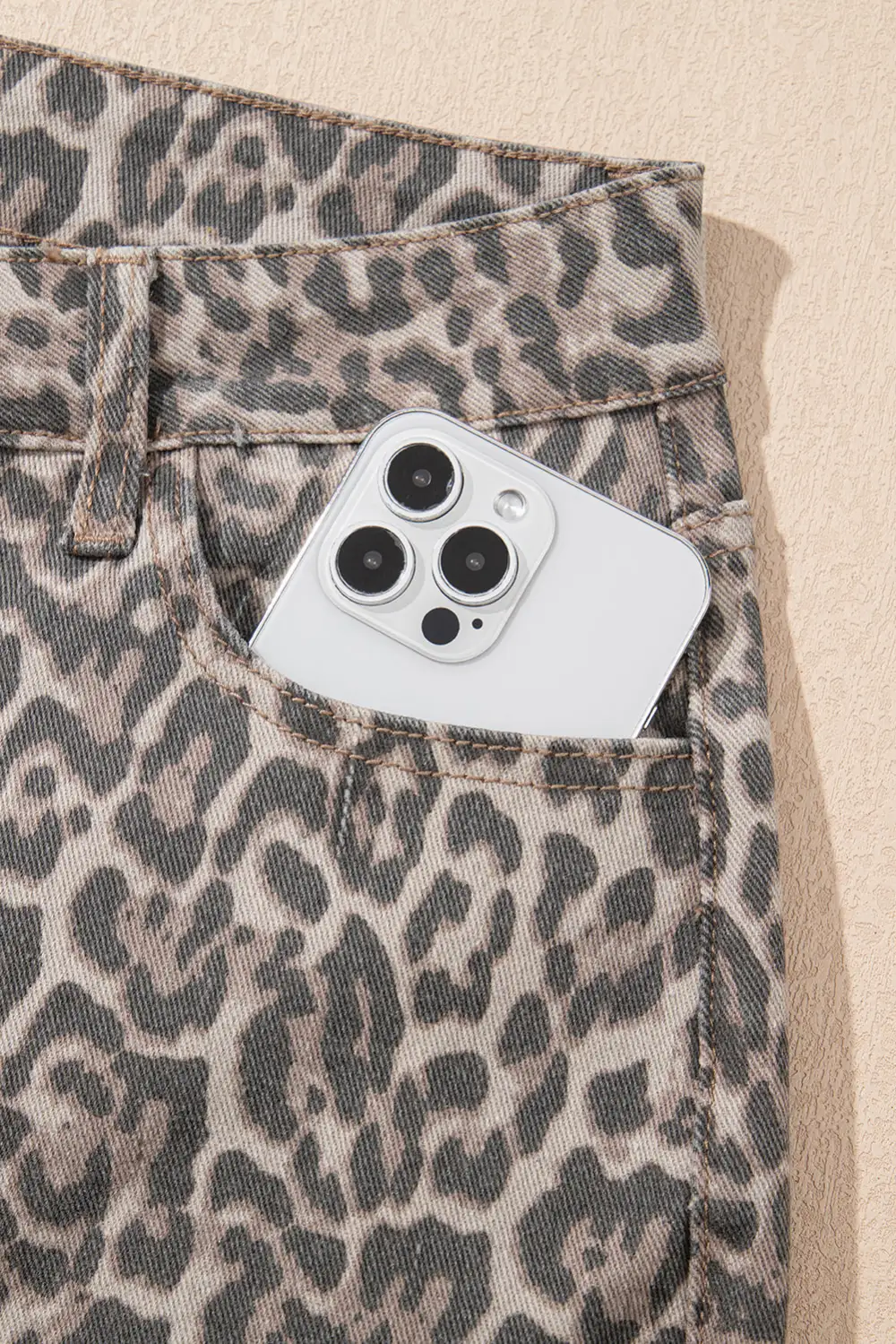 Wide Leg High Waist Frayed Leopard Jeans