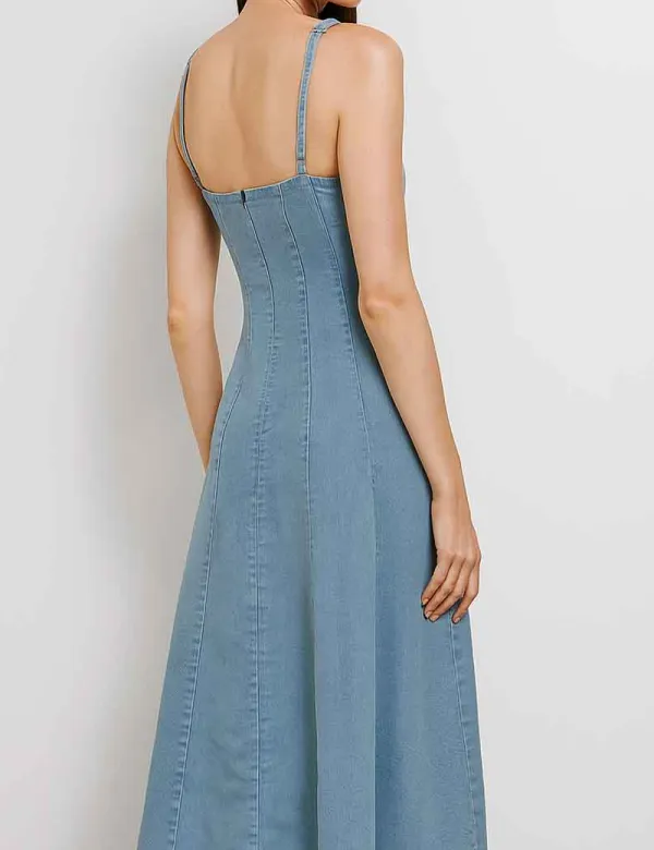 Sequin Sweetheart Neckline Sleeveless Denim Midi Dress